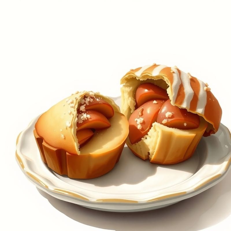 Illustration of apple strudel — two muffins on a small ceramic plate, one with a torn-open top, painted in a warm cream and brown palette. An illustration, not a photograph of the actual item.
