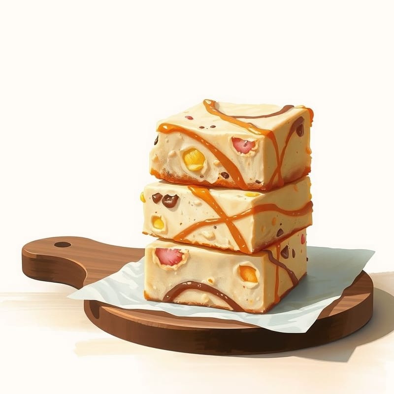 Illustration of blondies — three squares of brownie stacked on parchment on a wooden board, painted in a warm cream and brown palette. An illustration, not a photograph of the actual item.