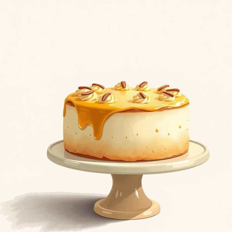 Illustration of butterscotch — a whole round cake on a simple pale ceramic cake stand, painted in a warm cream and brown palette. An illustration, not a photograph of the actual item.