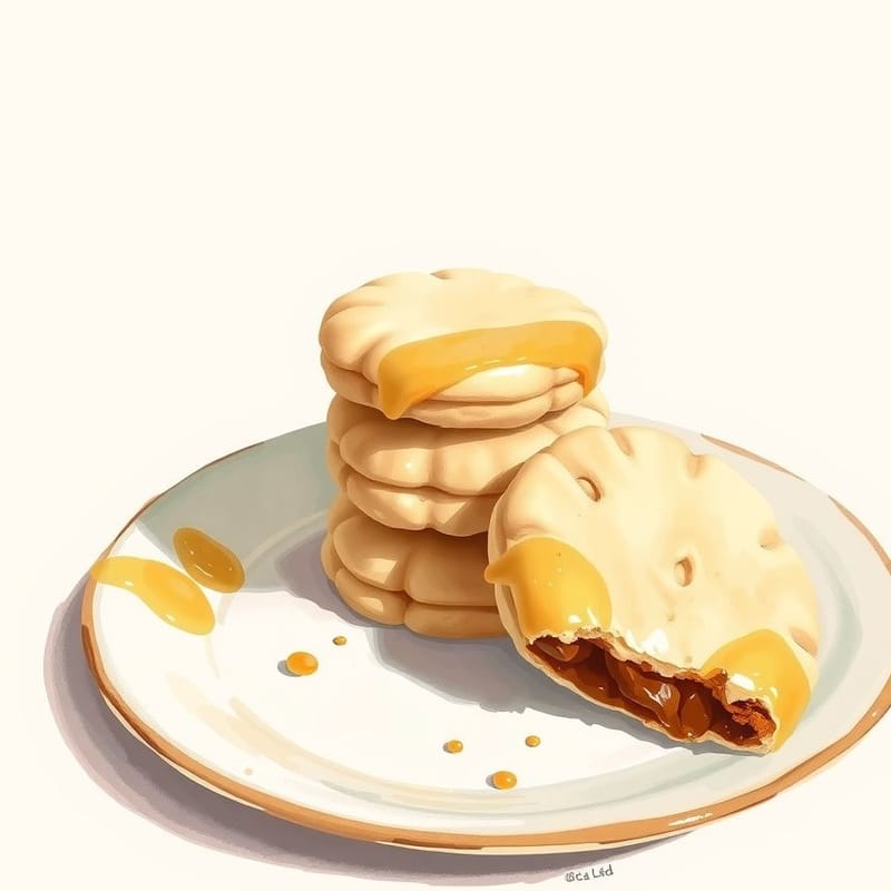 Illustration of butterscotch — a small stack of cookies on a ceramic plate with one propped against it, painted in a warm cream and brown palette. An illustration, not a photograph of the actual item.