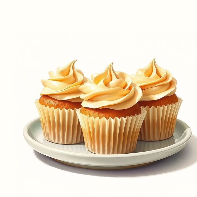 Illustration of butterscotch — three cupcakes in fluted paper cases on a small ceramic plate, painted in a warm cream and brown palette. An illustration, not a photograph of the actual item.