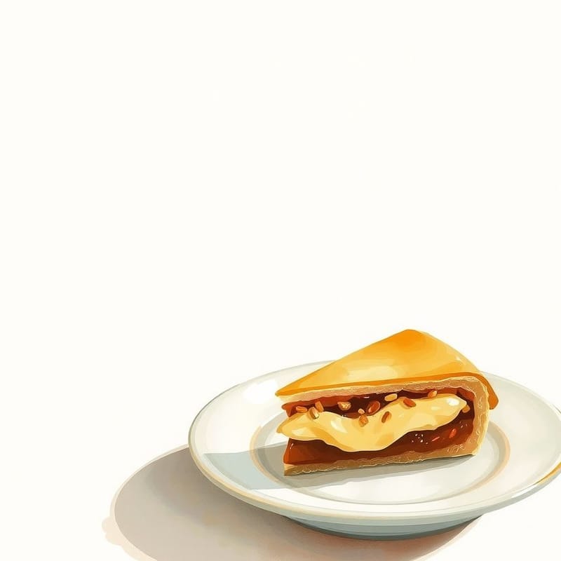 Illustration of butterscotch — a single pastry on a small dessert plate, one bite-sized piece beside it, painted in a warm cream and brown palette. An illustration, not a photograph of the actual item.