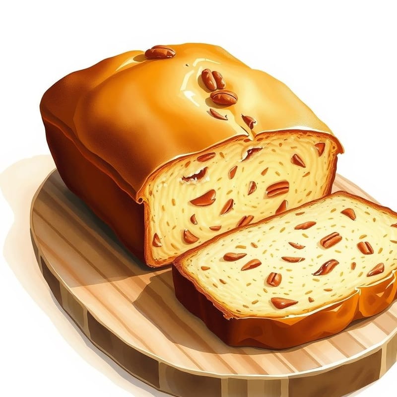 Illustration of butterscotch — a rectangular tea loaf on a wooden board, two slices cut and leaning, painted in a warm cream and brown palette. An illustration, not a photograph of the actual item.