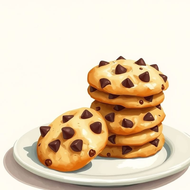 Illustration of choco chip — a small stack of cookies on a ceramic plate with one propped against it, painted in a warm cream and brown palette. An illustration, not a photograph of the actual item.