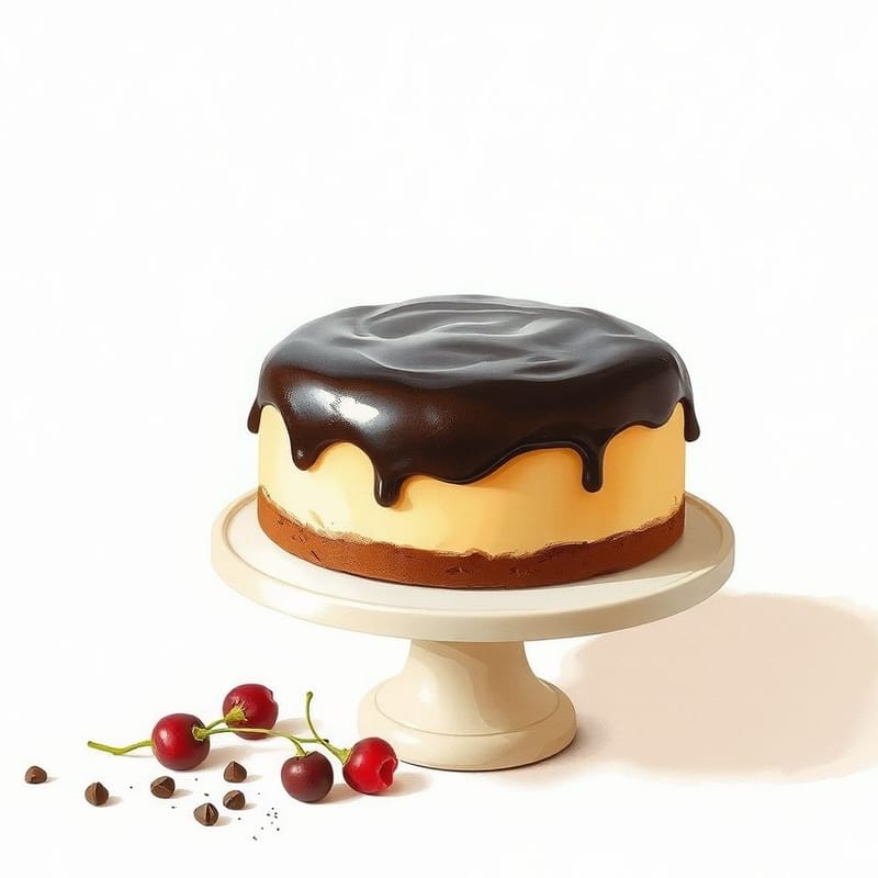 Illustration of choco truffle — a whole round cake on a simple pale ceramic cake stand, painted in a warm cream and brown palette. An illustration, not a photograph of the actual item.