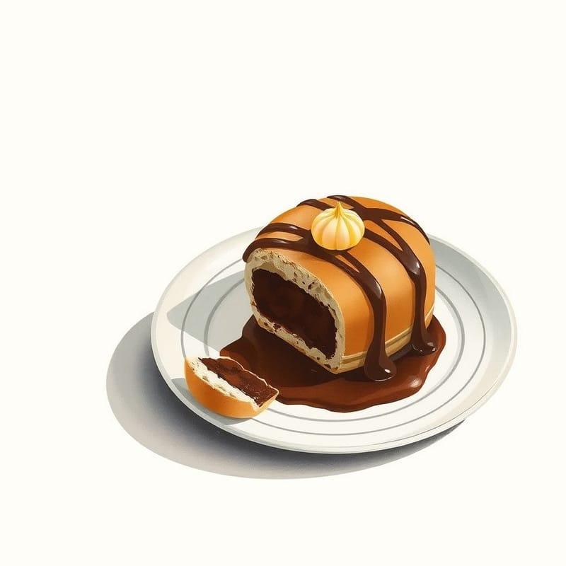 Illustration of choco truffle — a single pastry on a small dessert plate, one bite-sized piece beside it, painted in a warm cream and brown palette. An illustration, not a photograph of the actual item.