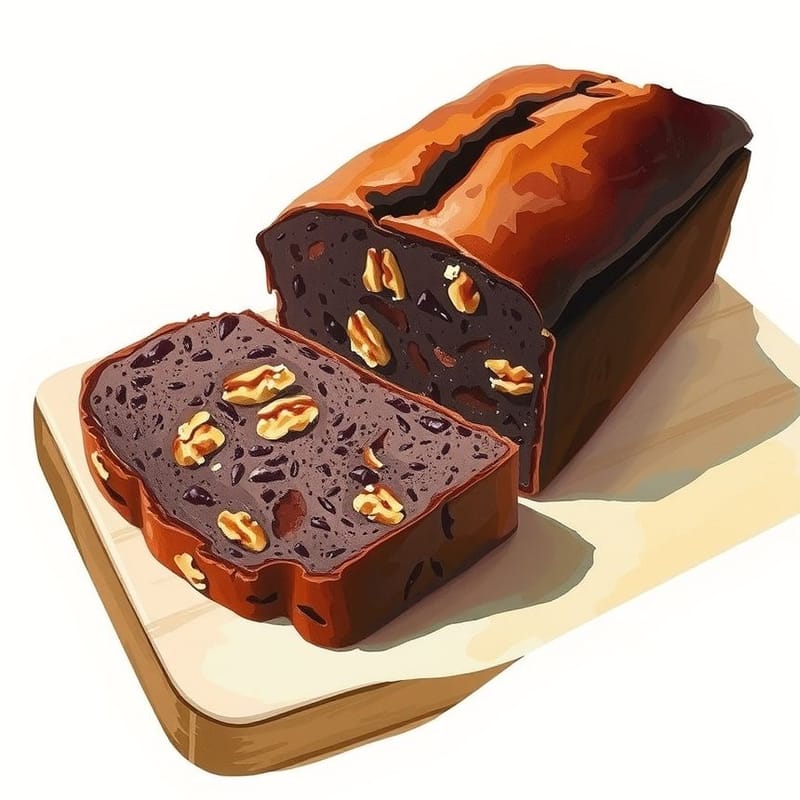 Illustration of choco walnut — a rectangular tea loaf on a wooden board, two slices cut and leaning, painted in a warm cream and brown palette. An illustration, not a photograph of the actual item.