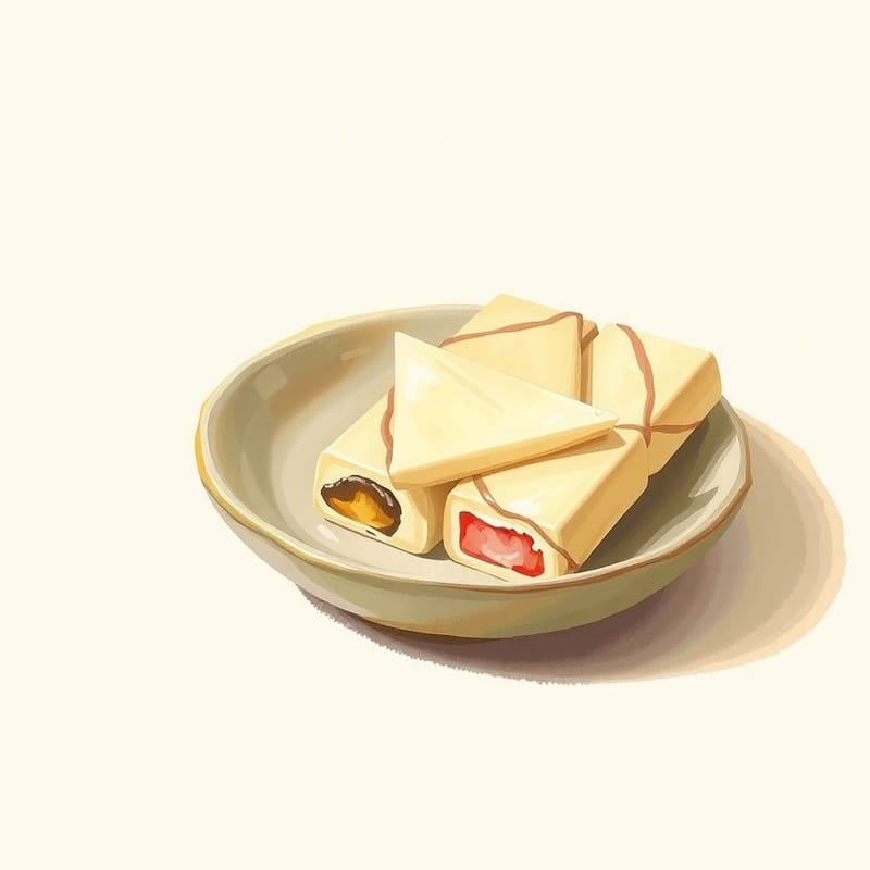 Illustration of chocolate bars — the item presented simply on a small ceramic dish, painted in a warm cream and brown palette. An illustration, not a photograph of the actual item.