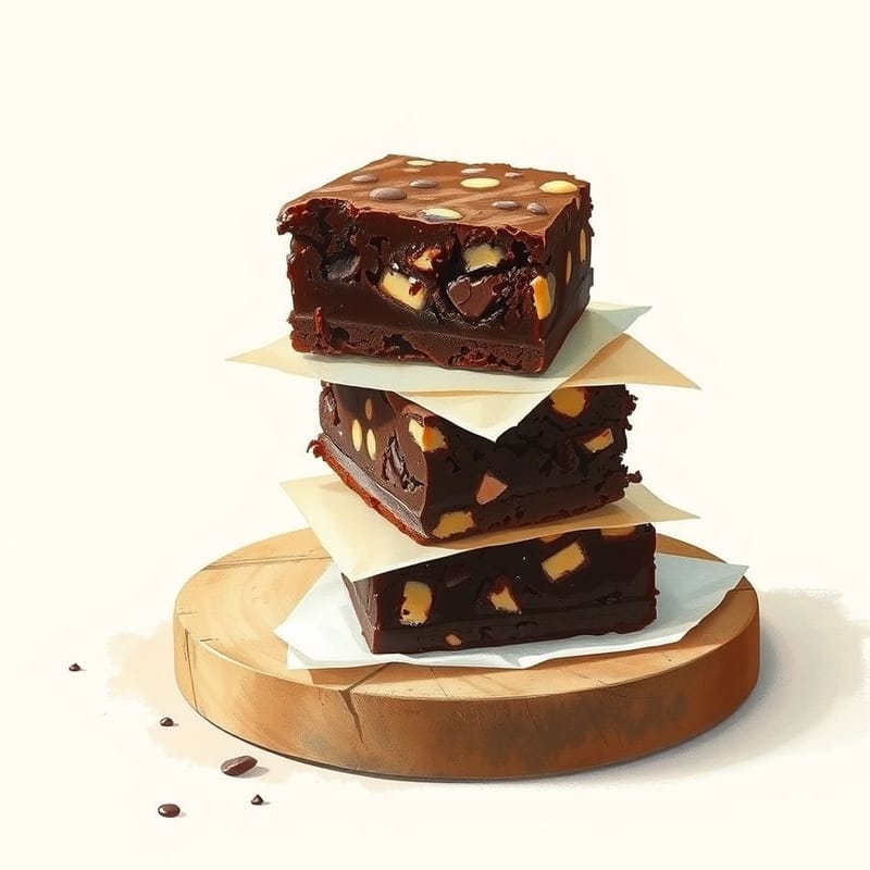 Illustration of chocolate brownies — three squares of brownie stacked on parchment on a wooden board, painted in a warm cream and brown palette. An illustration, not a photograph of the actual item.
