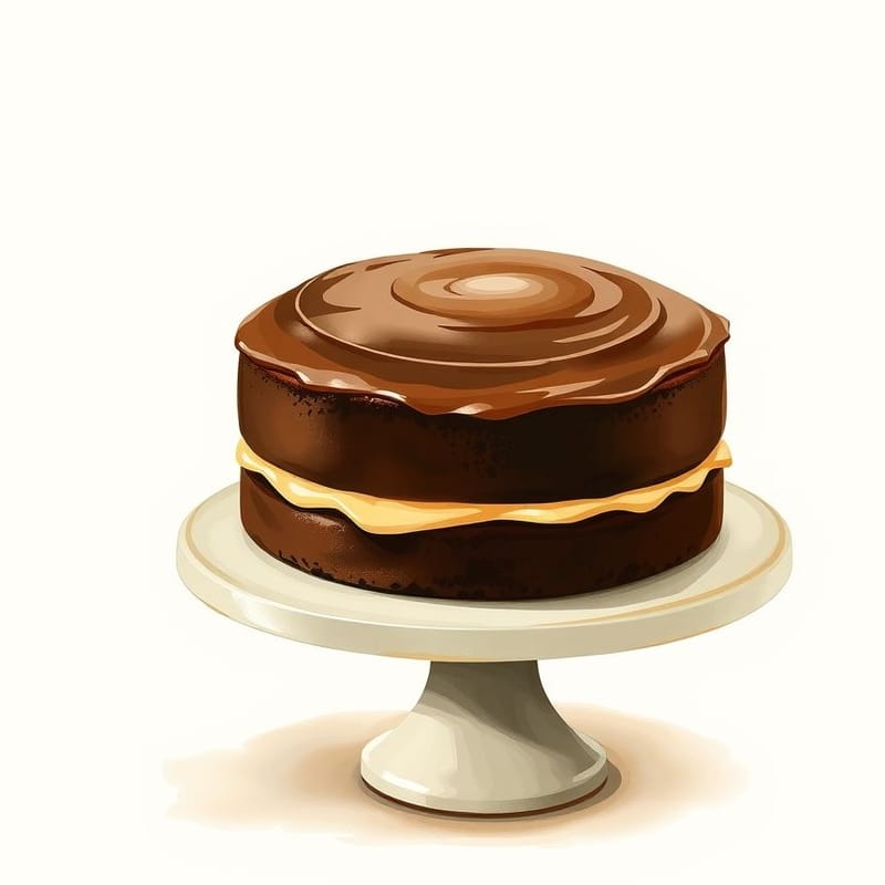 Illustration of chocolate — a whole round cake on a simple pale ceramic cake stand, painted in a warm cream and brown palette. An illustration, not a photograph of the actual item.