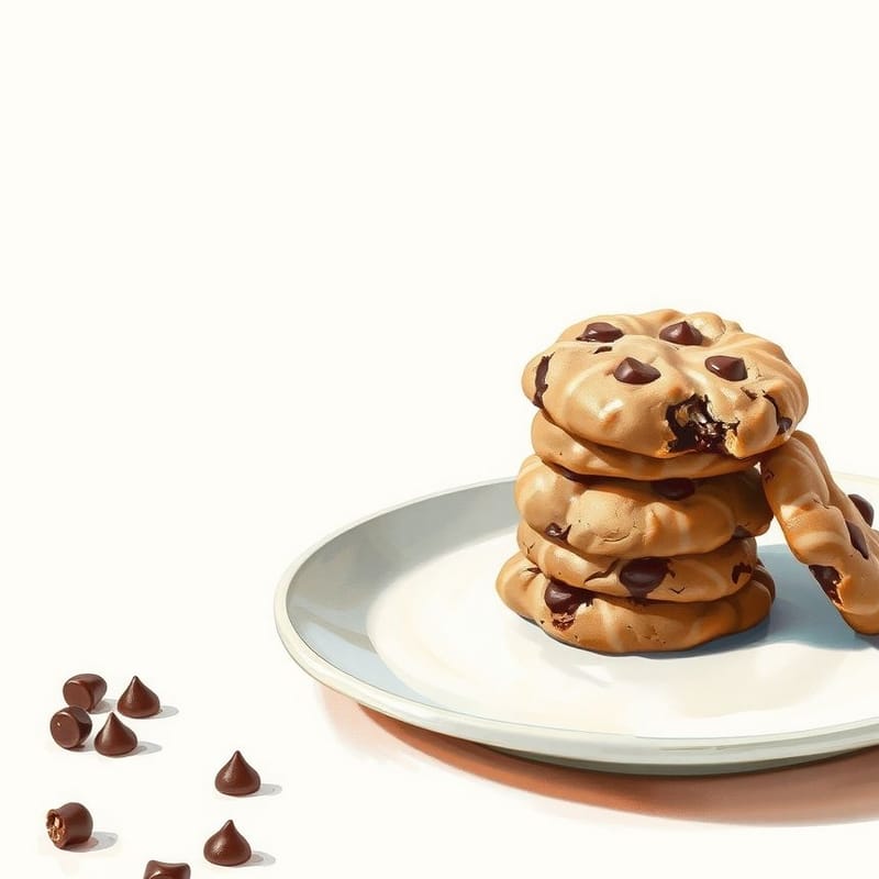 Illustration of chocolate — a small stack of cookies on a ceramic plate with one propped against it, painted in a warm cream and brown palette. An illustration, not a photograph of the actual item.
