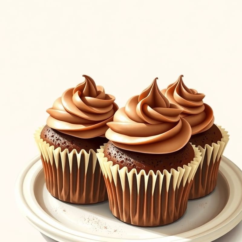 Illustration of chocolate — three cupcakes in fluted paper cases on a small ceramic plate, painted in a warm cream and brown palette. An illustration, not a photograph of the actual item.