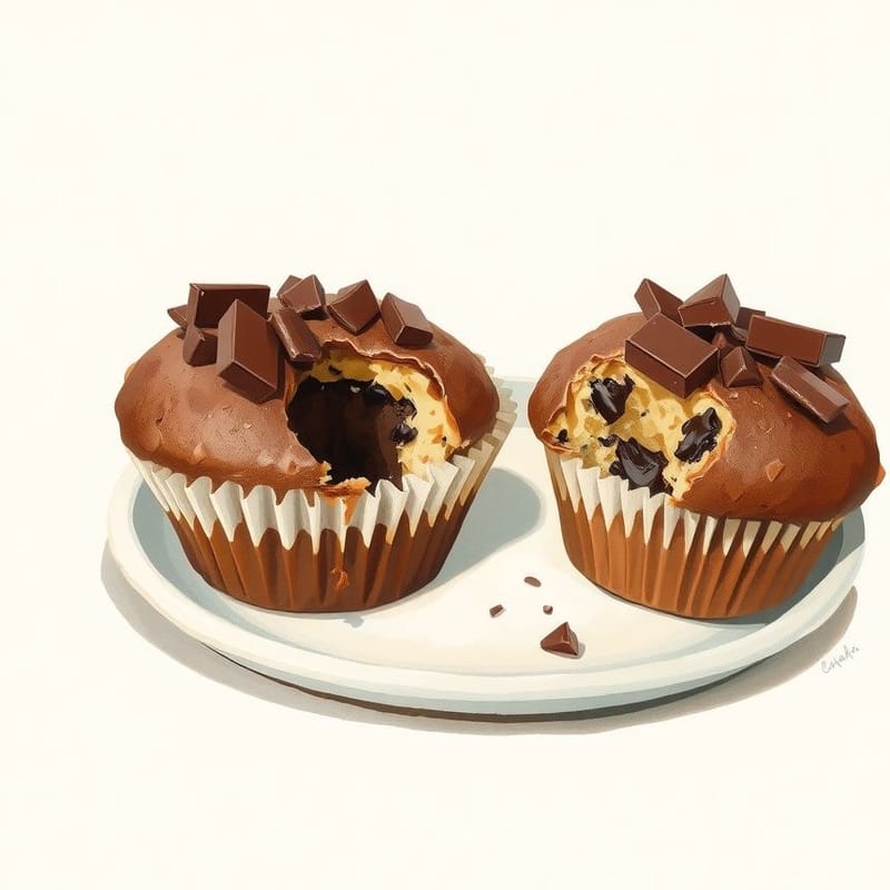 Illustration of chocolate overloaded — two muffins on a small ceramic plate, one with a torn-open top, painted in a warm cream and brown palette. An illustration, not a photograph of the actual item.