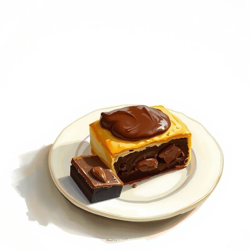 Illustration of chocolate — a single pastry on a small dessert plate, one bite-sized piece beside it, painted in a warm cream and brown palette. An illustration, not a photograph of the actual item.