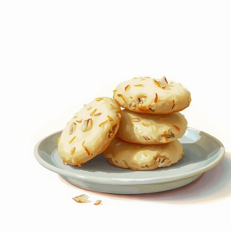 Illustration of coconut — a small stack of cookies on a ceramic plate with one propped against it, painted in a warm cream and brown palette. An illustration, not a photograph of the actual item.