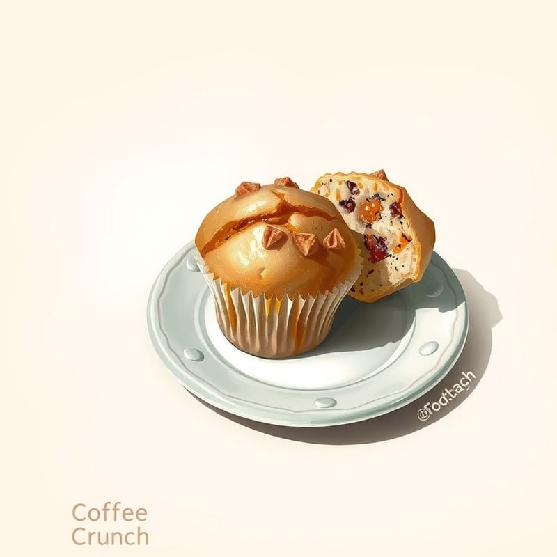 Illustration of coffee toffee crunch — two muffins on a small ceramic plate, one with a torn-open top, painted in a warm cream and brown palette. An illustration, not a photograph of the actual item.