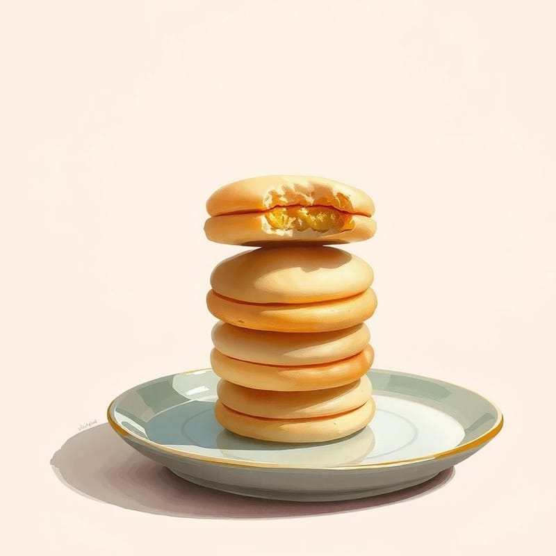 Illustration of custard — a small stack of cookies on a ceramic plate with one propped against it, painted in a warm cream and brown palette. An illustration, not a photograph of the actual item.