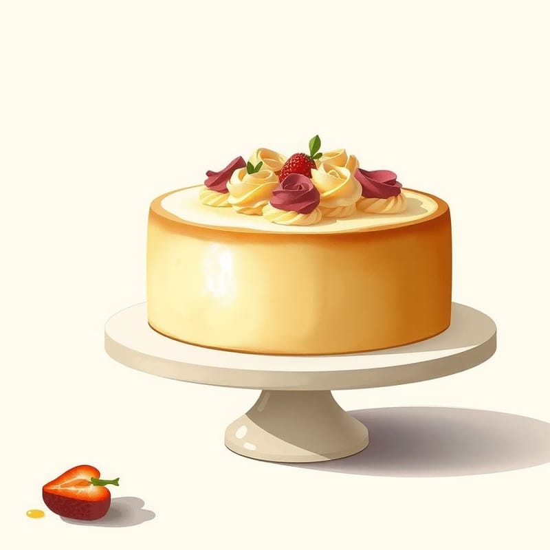 Illustration of custom cake — a whole round cake on a simple pale ceramic cake stand, painted in a warm cream and brown palette. An illustration, not a photograph of the actual item.