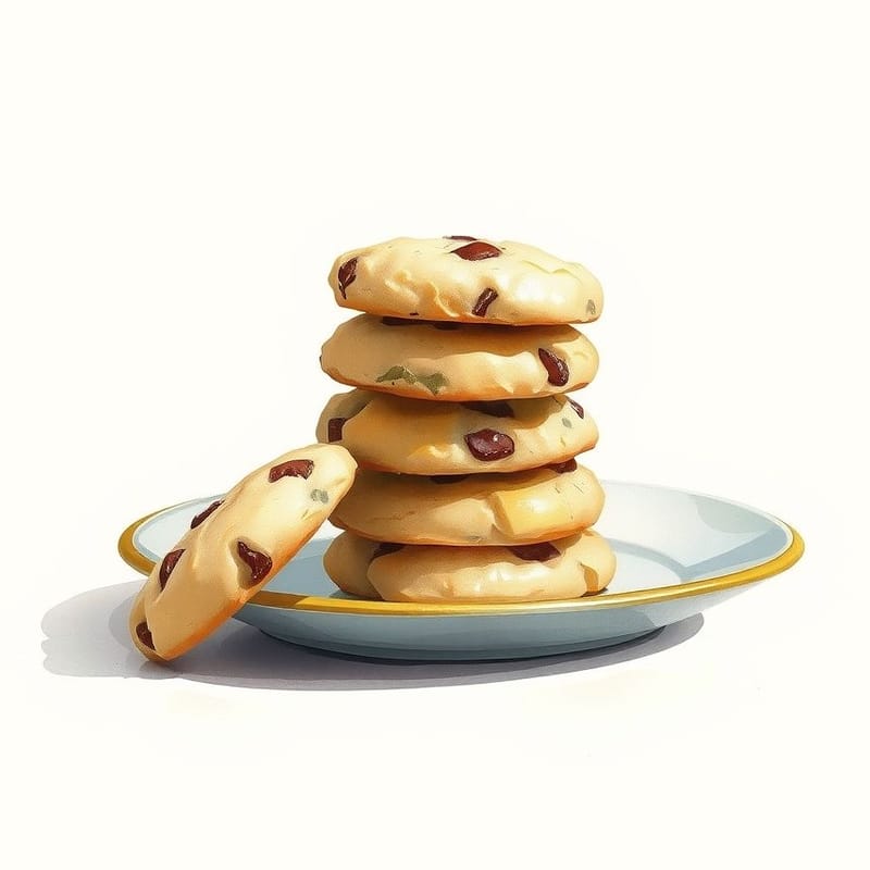 Illustration of italian spice cheese — a small stack of cookies on a ceramic plate with one propped against it, painted in a warm cream and brown palette. An illustration, not a photograph of the actual item.