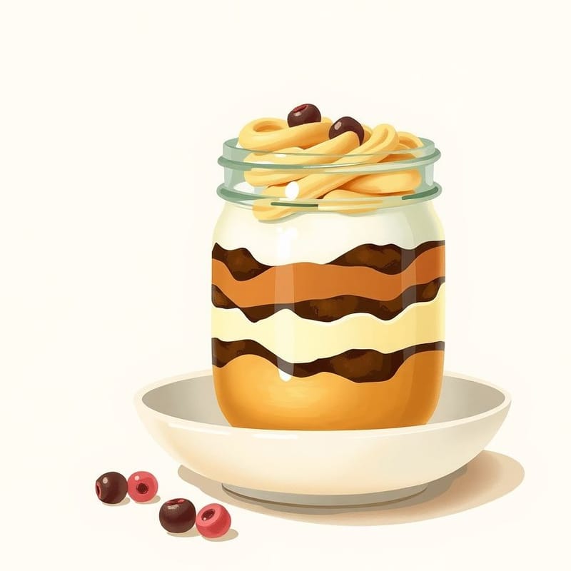 Illustration of jar cakes — the item presented simply on a small ceramic dish, painted in a warm cream and brown palette. An illustration, not a photograph of the actual item.