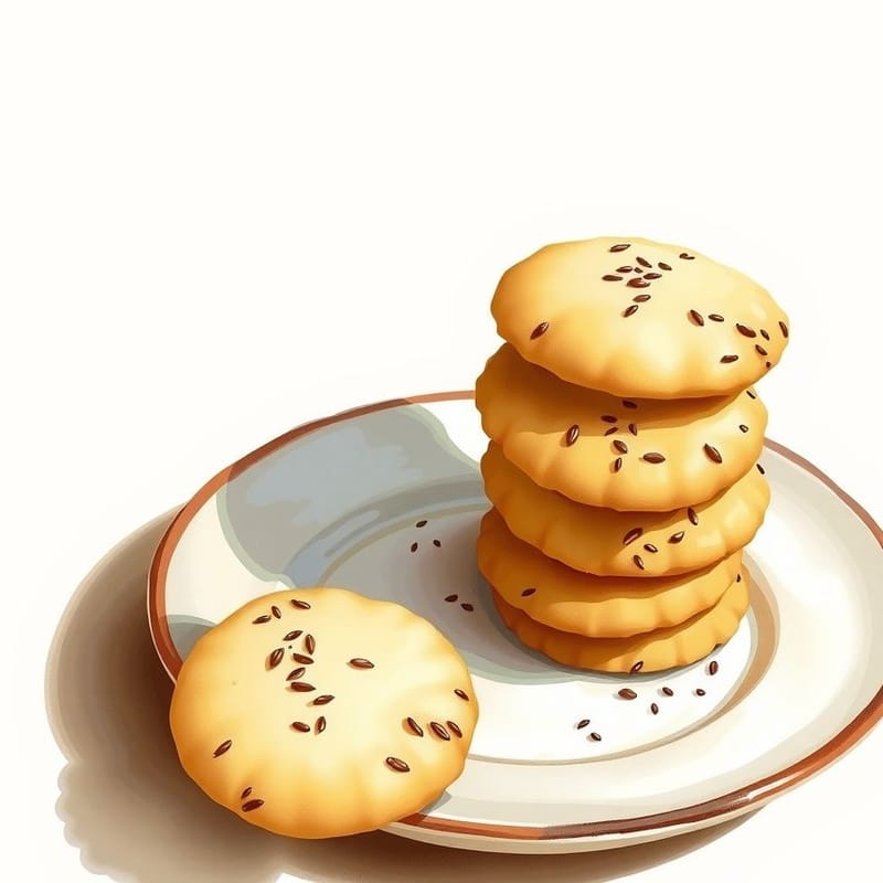 Illustration of jeera ajvain — a small stack of cookies on a ceramic plate with one propped against it, painted in a warm cream and brown palette. An illustration, not a photograph of the actual item.