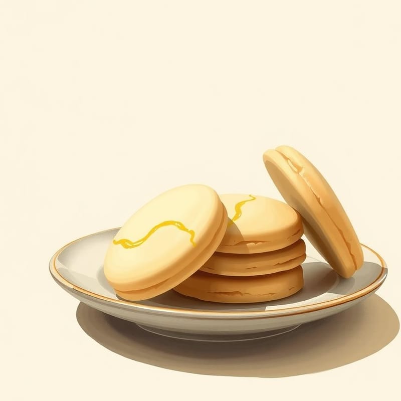 Illustration of lemon — a small stack of cookies on a ceramic plate with one propped against it, painted in a warm cream and brown palette. An illustration, not a photograph of the actual item.