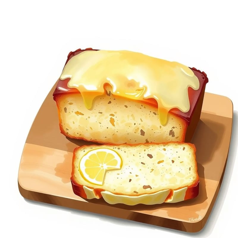Illustration of lemon — a rectangular tea loaf on a wooden board, two slices cut and leaning, painted in a warm cream and brown palette. An illustration, not a photograph of the actual item.