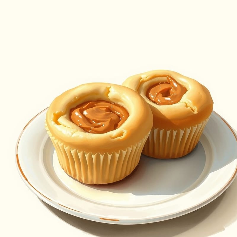 Illustration of peanut butter — two muffins on a small ceramic plate, one with a torn-open top, painted in a warm cream and brown palette. An illustration, not a photograph of the actual item.