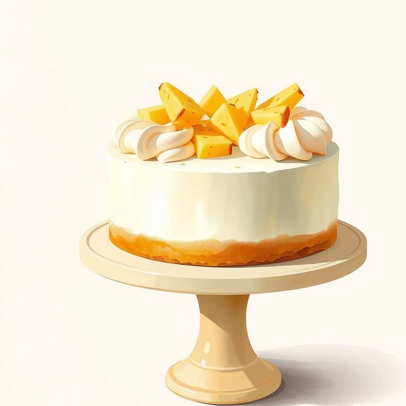 Illustration of pineapple — a whole round cake on a simple pale ceramic cake stand, painted in a warm cream and brown palette. An illustration, not a photograph of the actual item.