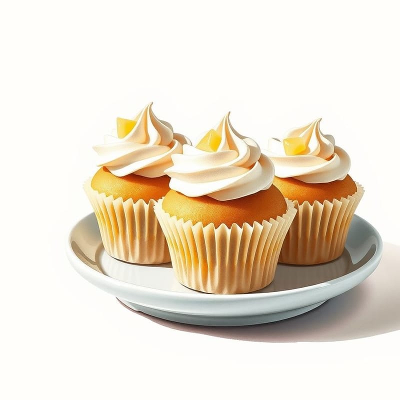 Illustration of pineapple — three cupcakes in fluted paper cases on a small ceramic plate, painted in a warm cream and brown palette. An illustration, not a photograph of the actual item.