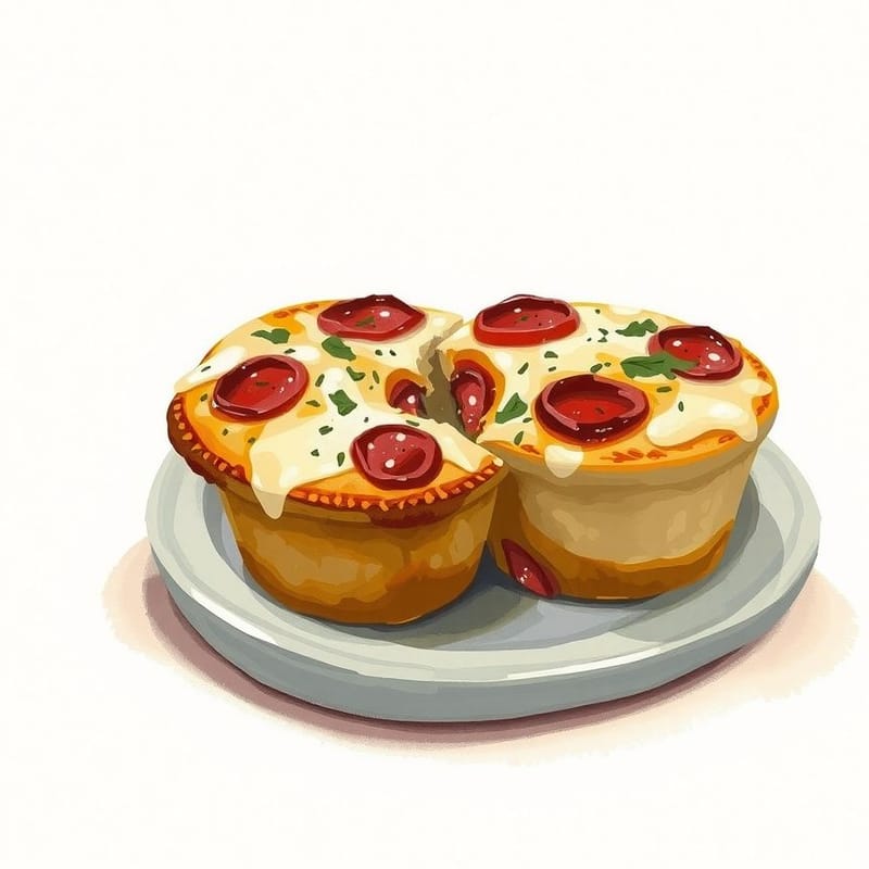 Illustration of pizza muffin — two muffins on a small ceramic plate, one with a torn-open top, painted in a warm cream and brown palette. An illustration, not a photograph of the actual item.