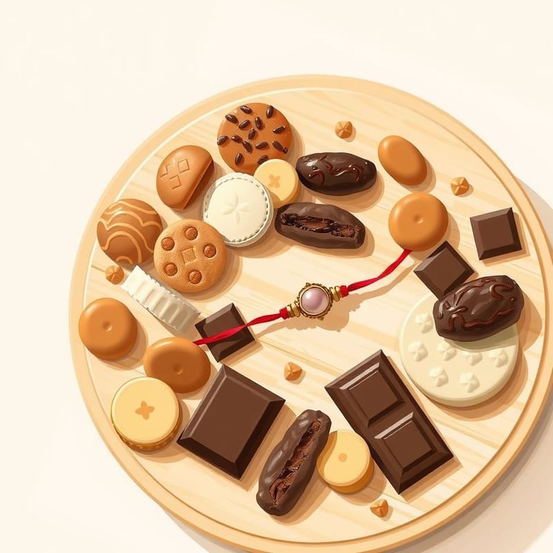 Illustration of rakhi / festival hamper — a generous flat-lay assortment of loose cookies, chocolate squares and stuffed dates arranged in a circle on a round wooden board beside a simple red thread rakhi, everything unwrapped and bare, no box, no packets, no wrappers, no paper, no labels, painted in a warm cream and brown palette. An illustration, not a photograph of the actual item.