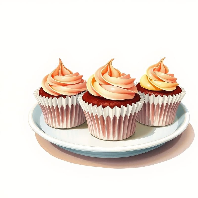 Illustration of red velvet — three cupcakes in fluted paper cases on a small ceramic plate, painted in a warm cream and brown palette. An illustration, not a photograph of the actual item.