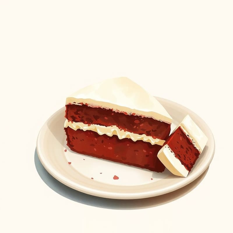 Illustration of red velvet — a single pastry on a small dessert plate, one bite-sized piece beside it, painted in a warm cream and brown palette. An illustration, not a photograph of the actual item.
