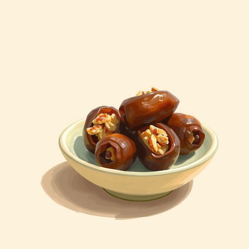 Illustration of stuffed dates — the item presented simply on a small ceramic dish, painted in a warm cream and brown palette. An illustration, not a photograph of the actual item.