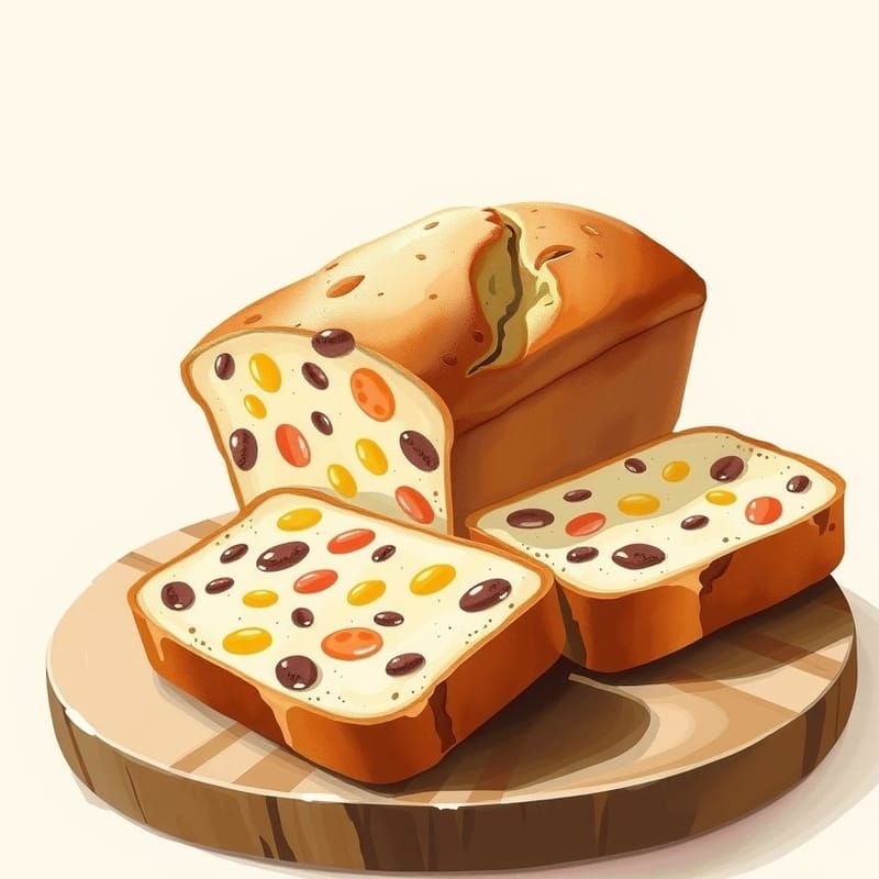 Illustration of tooty fruity — a rectangular tea loaf on a wooden board, two slices cut and leaning, painted in a warm cream and brown palette. An illustration, not a photograph of the actual item.