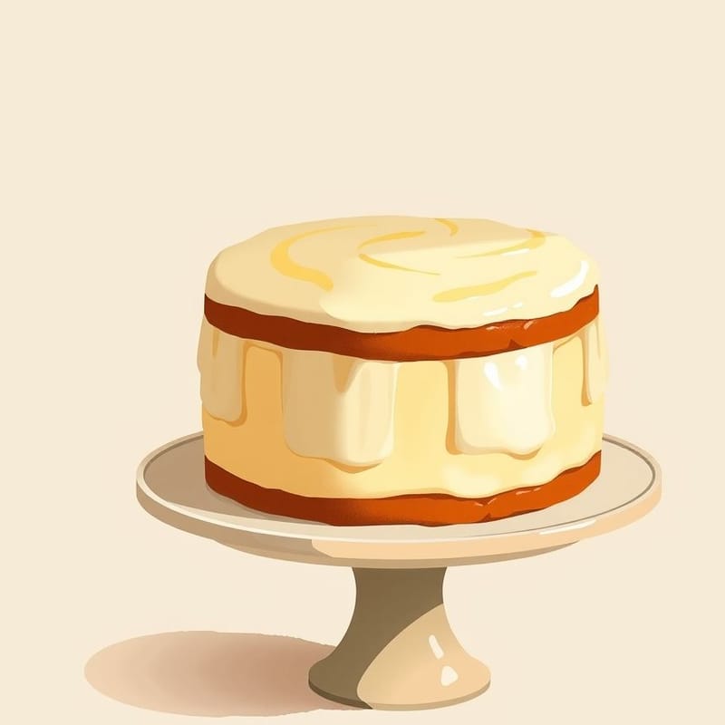 Illustration of vanilla — a whole round cake on a simple pale ceramic cake stand, painted in a warm cream and brown palette. An illustration, not a photograph of the actual item.