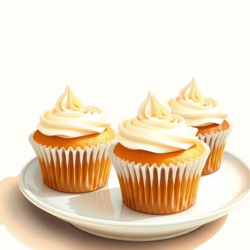 Illustration of vanilla — three cupcakes in fluted paper cases on a small ceramic plate, painted in a warm cream and brown palette. An illustration, not a photograph of the actual item.