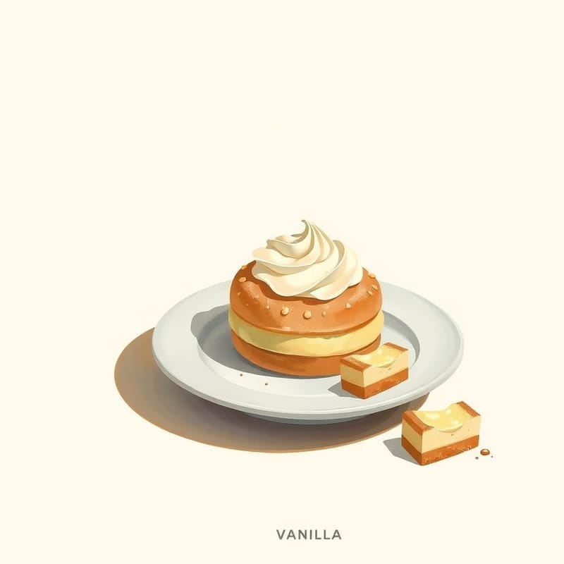 Illustration of vanilla — a single pastry on a small dessert plate, one bite-sized piece beside it, painted in a warm cream and brown palette. An illustration, not a photograph of the actual item.
