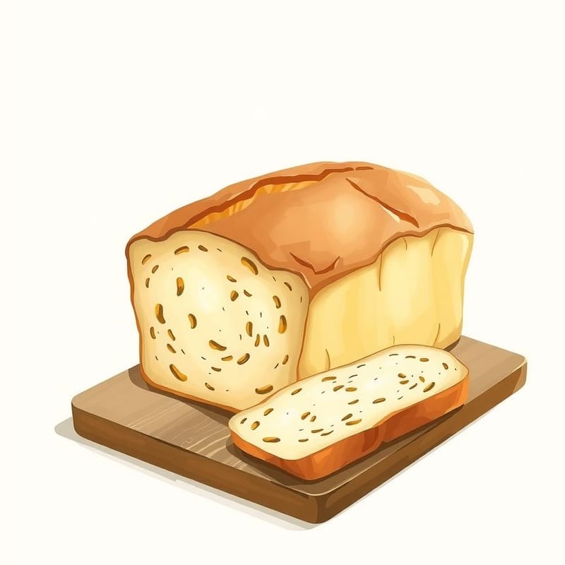 Illustration of vanilla — a rectangular tea loaf on a wooden board, two slices cut and leaning, painted in a warm cream and brown palette. An illustration, not a photograph of the actual item.