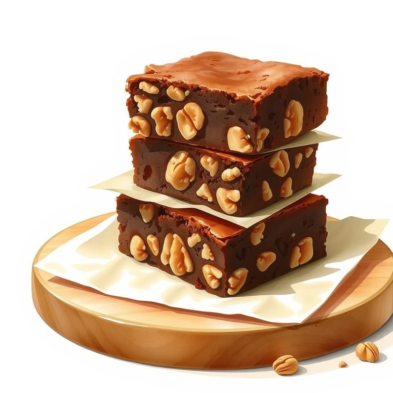 Illustration of walnut brownies — three squares of brownie stacked on parchment on a wooden board, painted in a warm cream and brown palette. An illustration, not a photograph of the actual item.