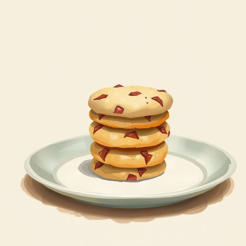 Illustration of wholewheat — a small stack of cookies on a ceramic plate with one propped against it, painted in a warm cream and brown palette. An illustration, not a photograph of the actual item.